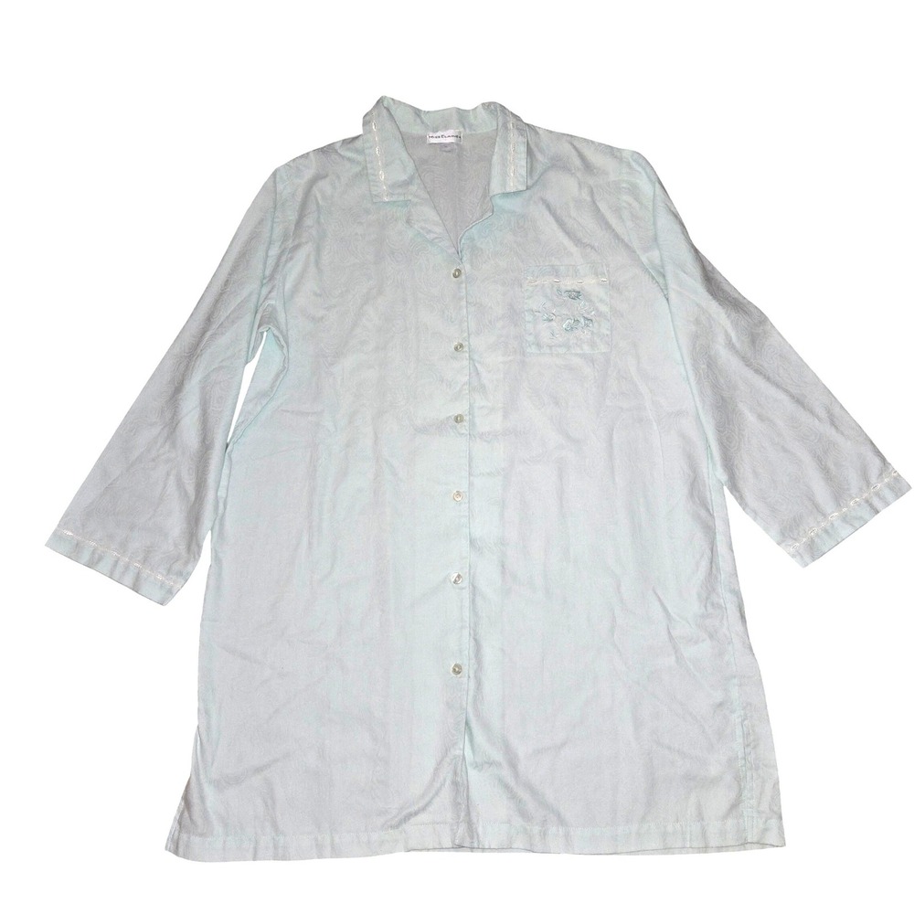 Miss Elaine Nightshirt Womens XL Mint Green Paisley Embroidered Button Up 188707